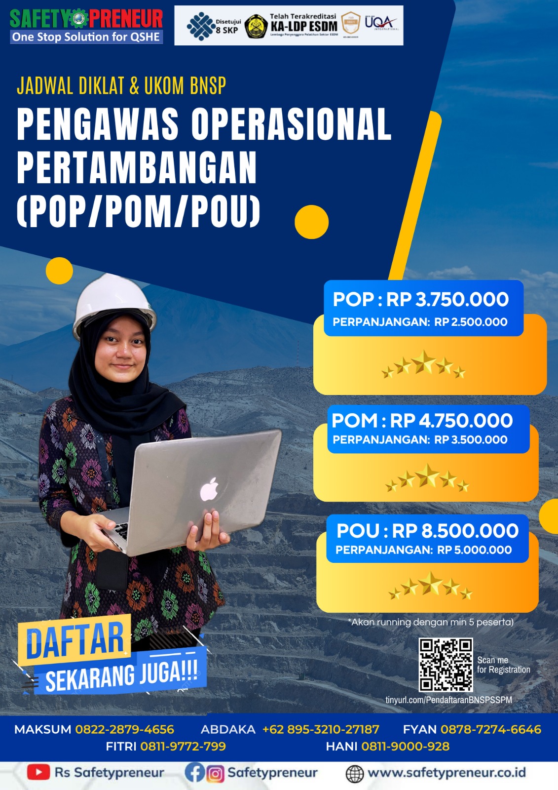 Pelatihan Pengawas Operasional Pertambangan (POP, POM & POU) Legal dan Terakreditasi